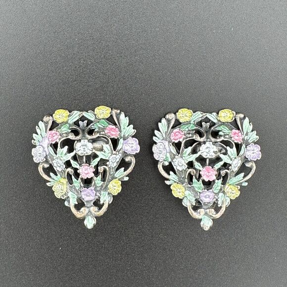 Vintage Silver Filigree Painted Flowers Heart Clip-on Earrings Puffy 1 3/8 - Picture 5 of 13